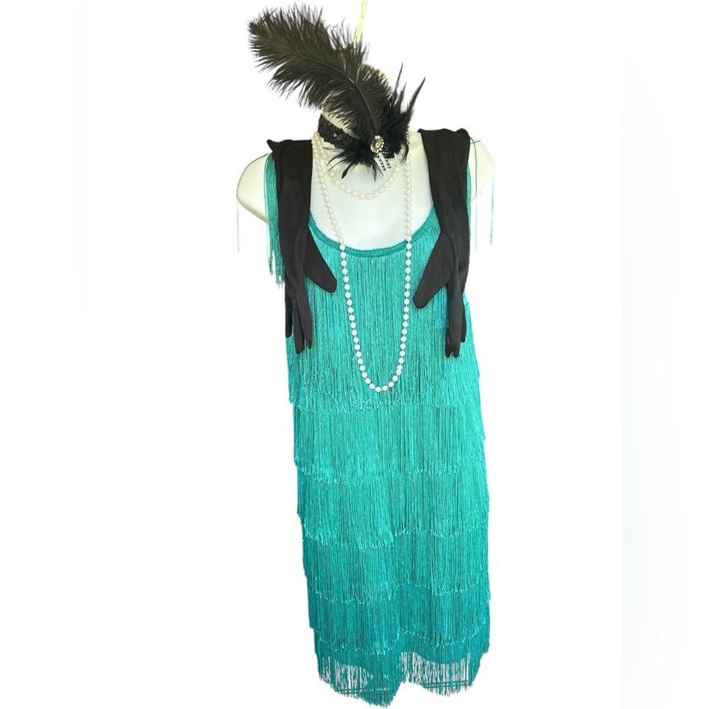 1920s Flapper Dress Headband Opera Gloves and Pearls - Full Costume - M L